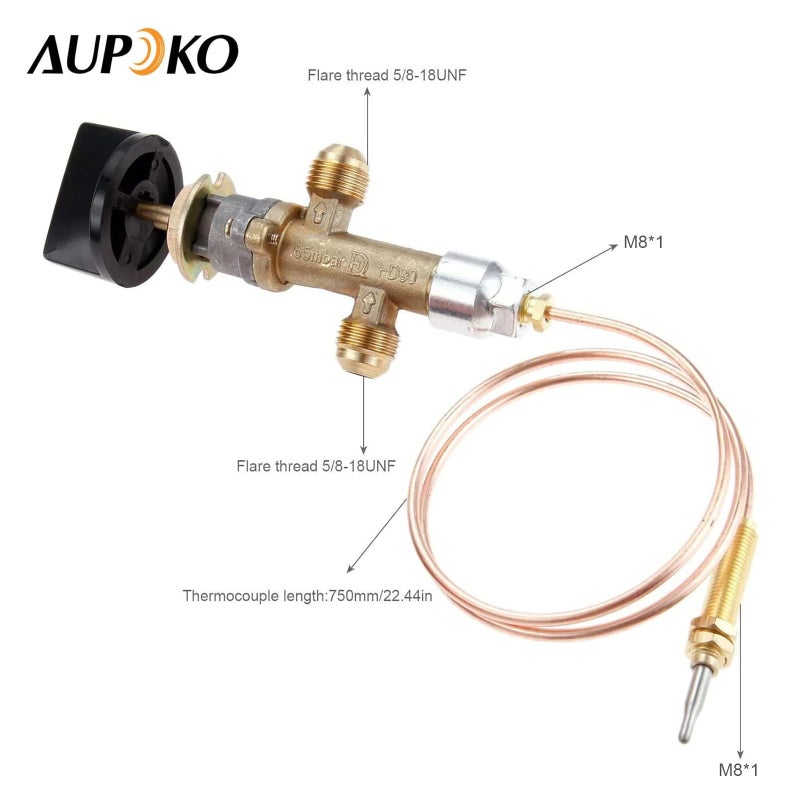 Aupoko مجموعة صمام التحكم في أمان فشل اللهب لمدفأة غاز البروبان LPG ذات الضغط المنخفض، مع مفتاح ترموستات مع مدخل ومخرج استبدال 5/8''-18UNF لمدفأة الغاز الشواية - Image 2